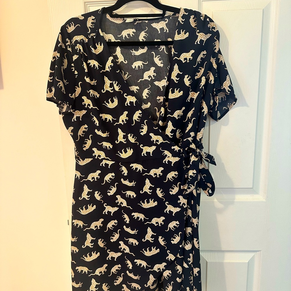 J Crew Navy Blue Wrap Dress with cheetahs